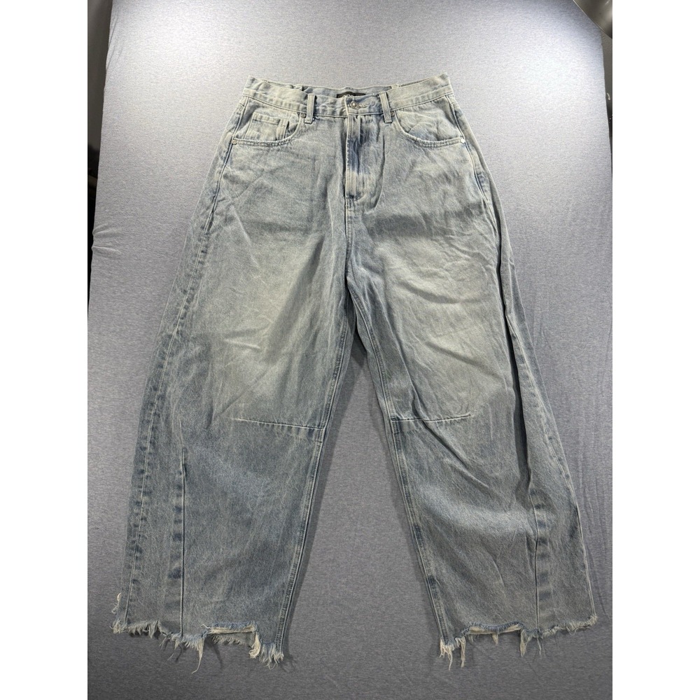 Oneso Barrel Leg Jeans Womens Size 29 Light Wash Raw Hem Cropped High Rise
